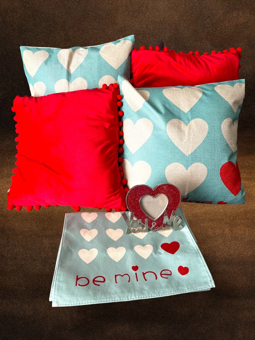 Valentine Heart Decor Bundle: Pillows, Frame, Runner